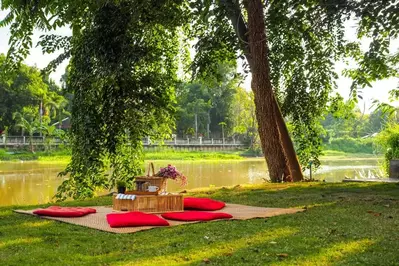 picnic basket next to a river