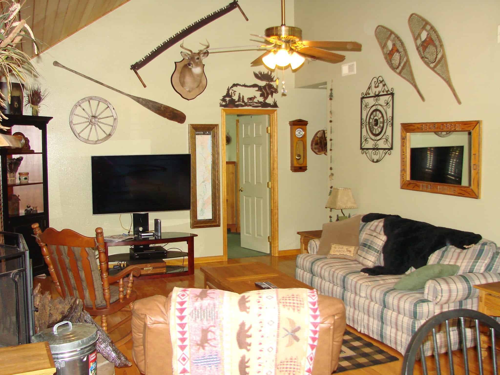 The fun living room in a cabin rental in Murphy North Carolina.