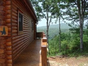 The deck of the Camp Need-a-Buck cabin in Murphy NC with mountain views.