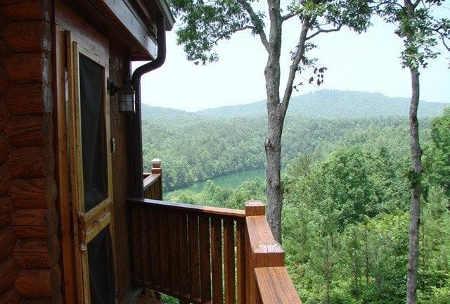 Mountain views from the deck of the Camp Need-a-Buck cabin rental in North Carolina.