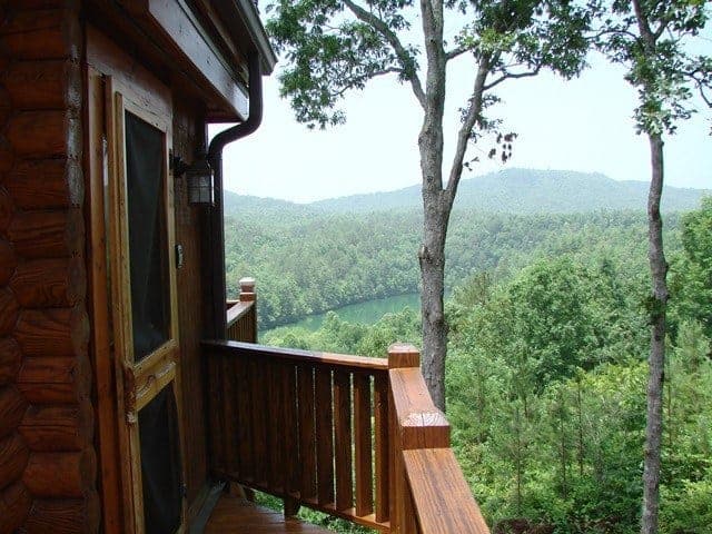 Mountain views from the deck of the Camp Need-a-Buck cabin rental in North Carolina.