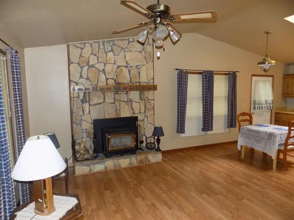 The stone fireplace in a Murphy NC cabin for rent.